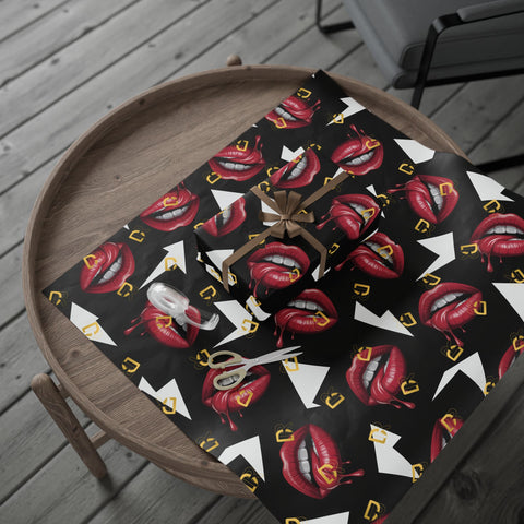 Wrapping Paper — Retro Lip Print Gift Wrap (Black Background)