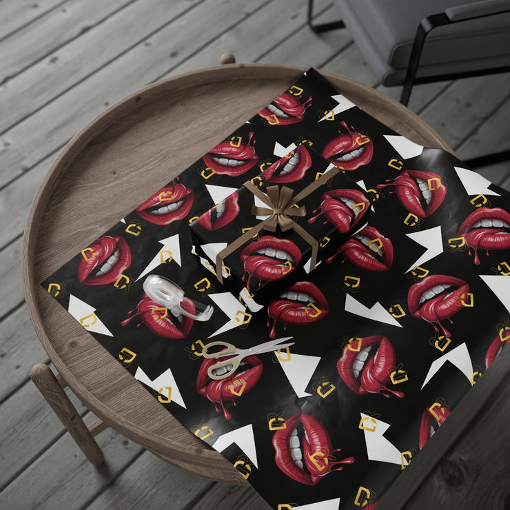 Wrapping Paper — Retro Lip Print Gift Wrap (Black Background)